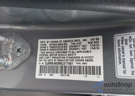 2008 Honda Cr-V Lx z USA, uszkodzony, nr VIN 5J6RE48398L017401